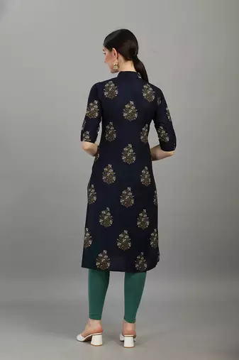 Navy floral printed rayon collar neck front button straight kurti