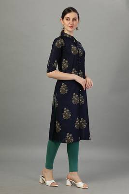 Navy floral printed rayon collar neck front button straight kurti 3