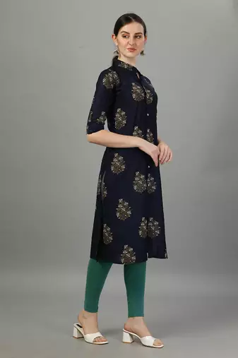 Navy floral printed rayon collar neck front button straight kurti