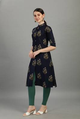 Navy floral printed rayon collar neck front button straight kurti 4