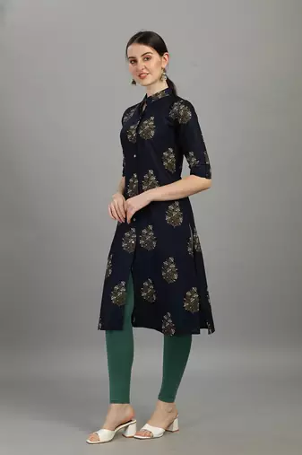 Navy floral printed rayon collar neck front button straight kurti