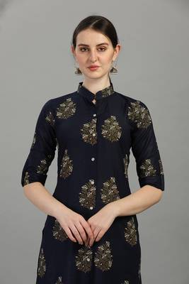 Navy floral printed rayon collar neck front button straight kurti 5