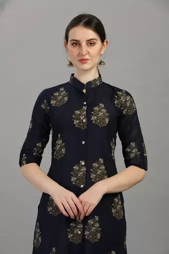 Navy floral printed rayon collar neck front button straight kurti