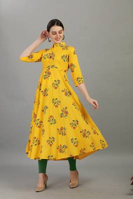 Yellow floral printed rayon collar neck long anarkali kurti 1