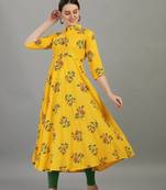Yellow floral printed rayon collar neck long anarkali kurti