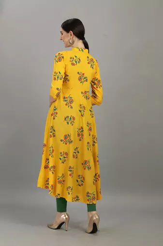 Yellow floral printed rayon collar neck long anarkali kurti