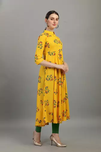 Yellow floral printed rayon collar neck long anarkali kurti