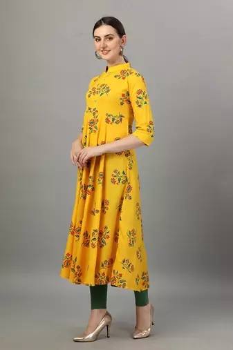 Yellow floral printed rayon collar neck long anarkali kurti