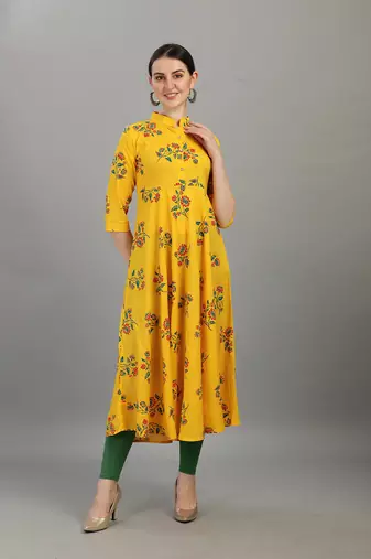 Yellow floral printed rayon collar neck long anarkali kurti