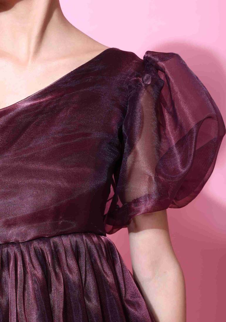 Floral plain short sleeve one shoulder wine tissue dress for women