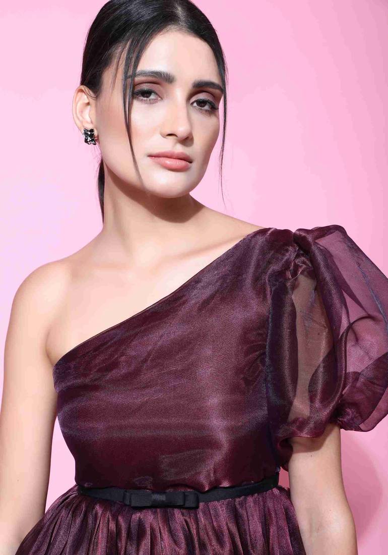 Floral plain short sleeve one shoulder wine tissue dress for women