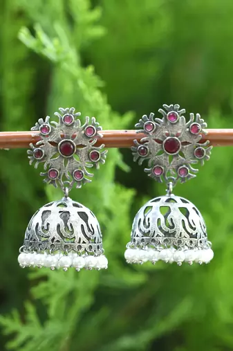 Elegant oxidised red and grey earring set for women and girls
