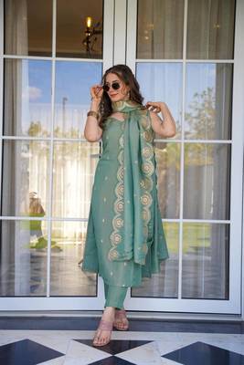 Women designer chinnon silk straight kurti pant with dupatta sets 1