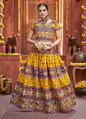 Yellow Colored Gamthi And Mirror Work On Patola Print Mix Cotton Silk Lehenga Choli For Navratri Garba 3
