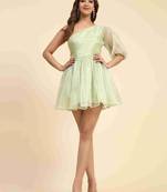 Floral plain short sleeve one sholder sea green tissue dress for women