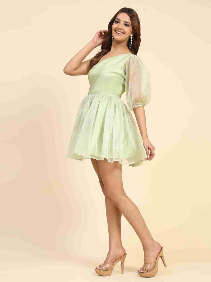 Floral plain short sleeve one sholder sea green tissue dress for women