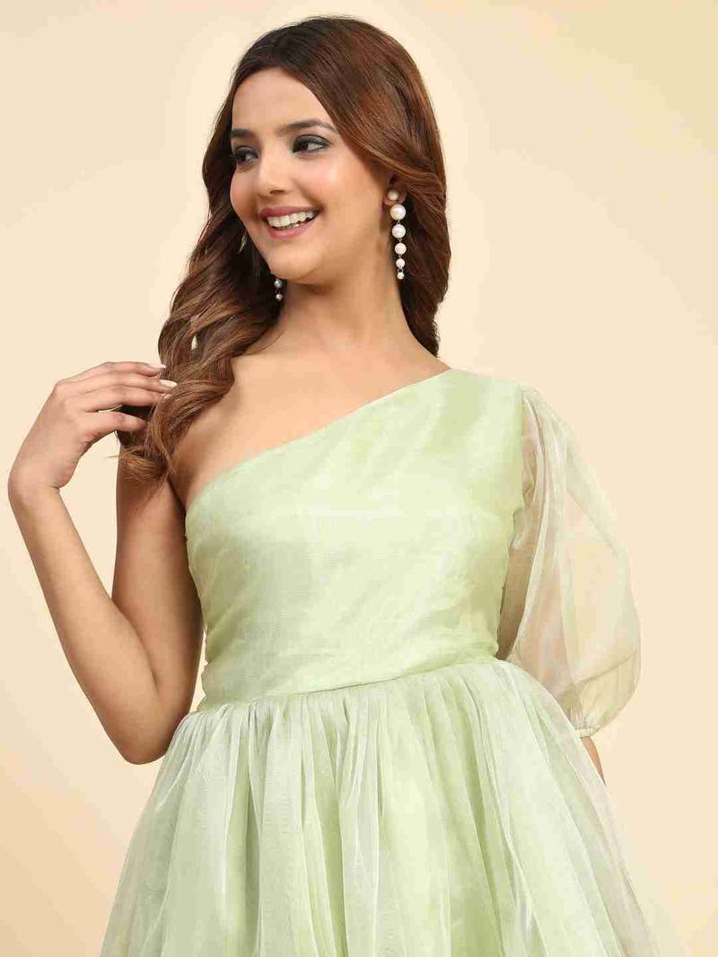 Floral plain short sleeve one sholder sea green tissue dress for women