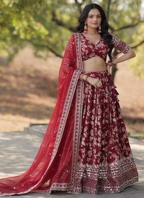 maroon Pure Viscose Jacquard Embroidered Sequins Lehenga Choli 1