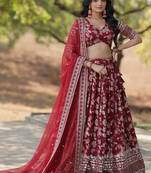 maroon Pure Viscose Jacquard Embroidered Sequins Lehenga Choli