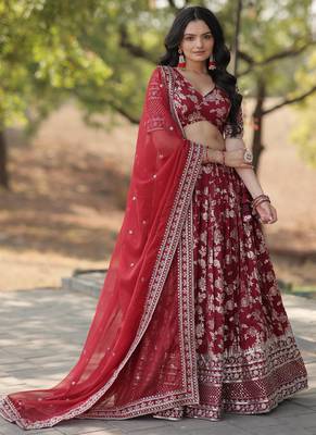 maroon Pure Viscose Jacquard Embroidered Sequins Lehenga Choli 2