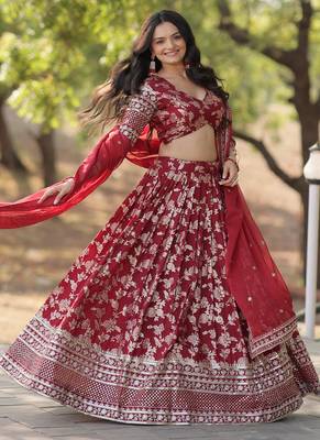 maroon Pure Viscose Jacquard Embroidered Sequins Lehenga Choli 3