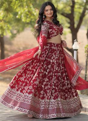 maroon Pure Viscose Jacquard Embroidered Sequins Lehenga Choli 4