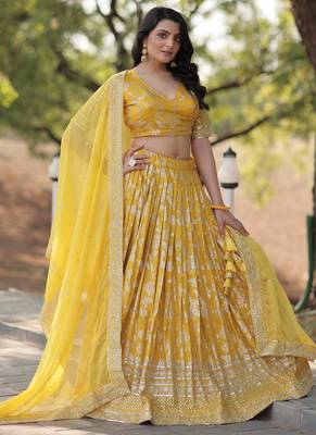 yellow Pure Viscose Jacquard Embroidered Sequins Lehenga Choli 1
