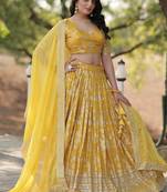 yellow Pure Viscose Jacquard Embroidered Sequins Lehenga Choli