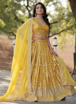 yellow Pure Viscose Jacquard Embroidered Sequins Lehenga Choli 2