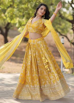 yellow Pure Viscose Jacquard Embroidered Sequins Lehenga Choli 3