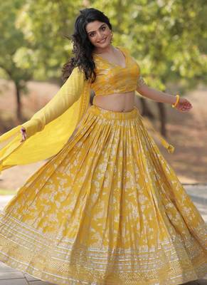 yellow Pure Viscose Jacquard Embroidered Sequins Lehenga Choli 4