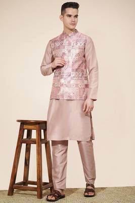 Pink Heavy Jacquard With Self Work Embroidered Kurta Pajama 1