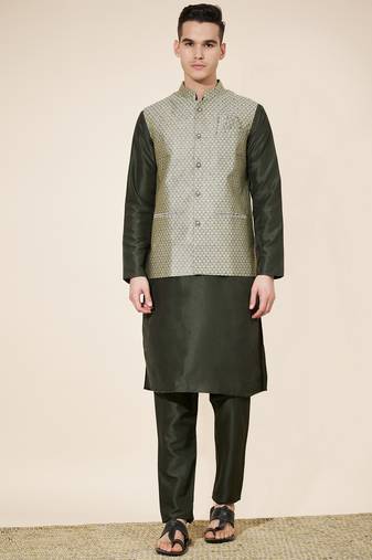 Green Heavy Jacquard With Self Work Embroidered Kurta Pajama