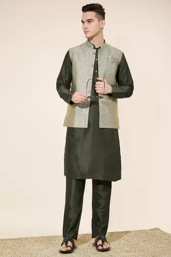 Green Heavy Jacquard With Self Work Embroidered Kurta Pajama