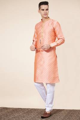 Peach Heavy Jacquard And Pintex World Embroidered Kurta Pajama 1
