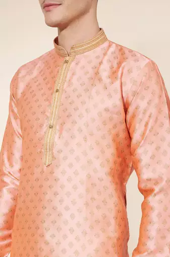 Peach Heavy Jacquard And Pintex World Embroidered Kurta Pajama