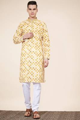Yellow Pure Silk Jequard Embroidered Kurta Pajama 1