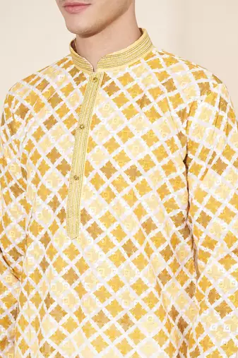 Yellow Pure Silk Jequard Embroidered Kurta Pajama