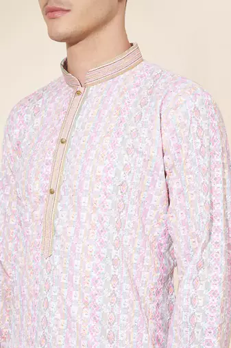 Multicolor Pure Silk Jequard Embroidered Kurta Pajama