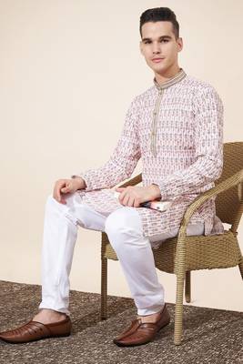 Peach Pure Silk Jequard Embroidered Kurta Pajama 1