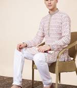 Peach Pure Silk Jequard Embroidered Kurta Pajama