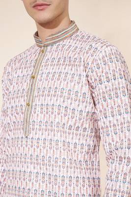 Peach Pure Silk Jequard Embroidered Kurta Pajama 2