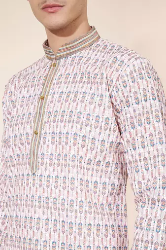 Peach Pure Silk Jequard Embroidered Kurta Pajama