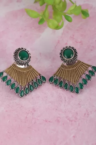 Elegant oxidised green and gold earring set for women and girls