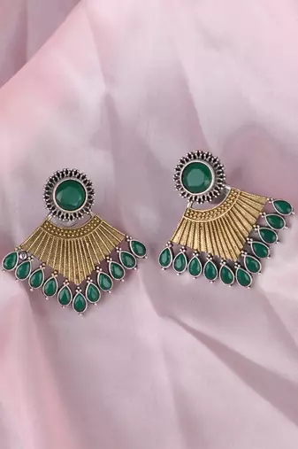 Elegant oxidised green and gold earring set for women and girls