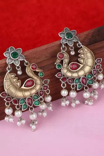 Elegant oxidised red and green earring set for women and girls