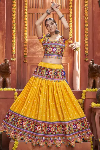 Yellow Gamthi And Mirror Work On Patola Print Mix Cotton Silk Lehenga Choli For Navratri Garba