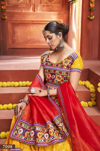 Yellow Gamthi And Mirror Work On Patola Print Mix Cotton Silk Lehenga Choli For Navratri Garba
