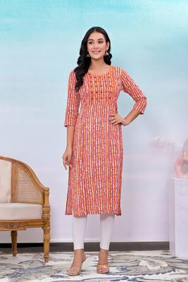 Orange printed embroidered work rayon straight kurta 1