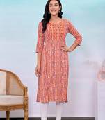 Orange printed embroidered work rayon straight kurta